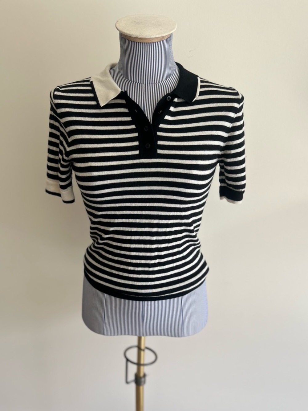 G/Fore Short Sleeve Contrast Merino Wool Polo Knit Sweater Black White Stripe XS